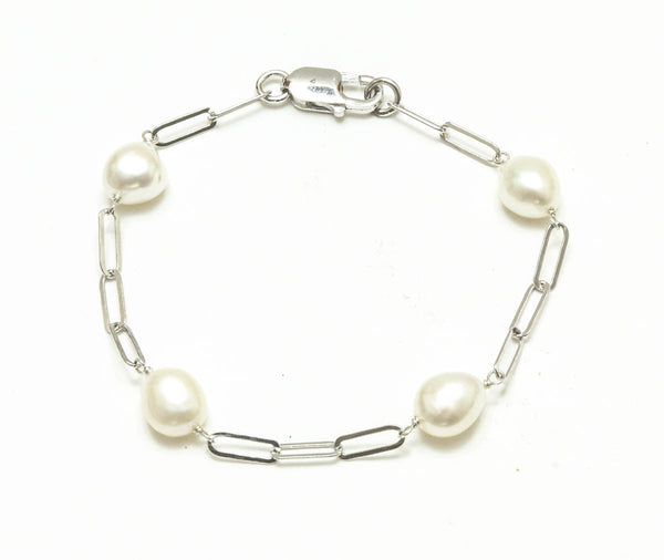 9mm Baroque Pearl On Sterling Silver Paperclip Chain Bracelet