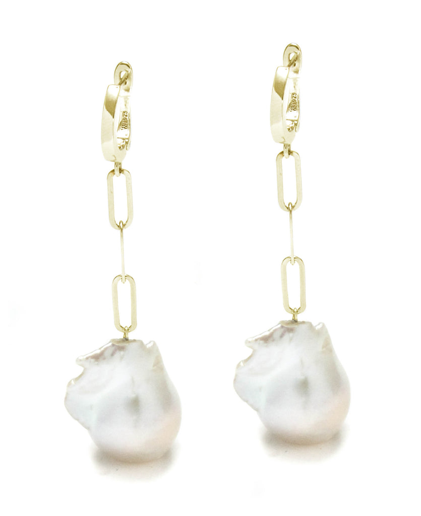 13mm Baroque Pearl On Sterling Silver Paperclip Chain Earrings