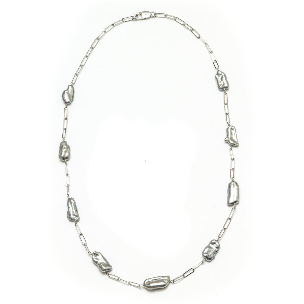 8X22mm Silver or Pink Keshi Pearl On Sterling Silver Paperclip Chain Necklace