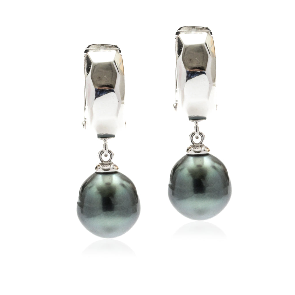9MM Tahitian Or White South Sea Pearl Faceted Huggie Hoop Earrings