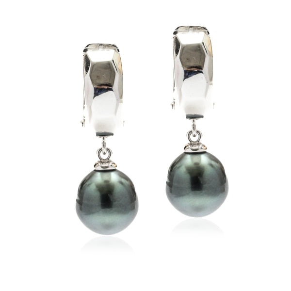 9MM Tahitian Or White South Sea Pearl Faceted Huggie Hoop Earrings