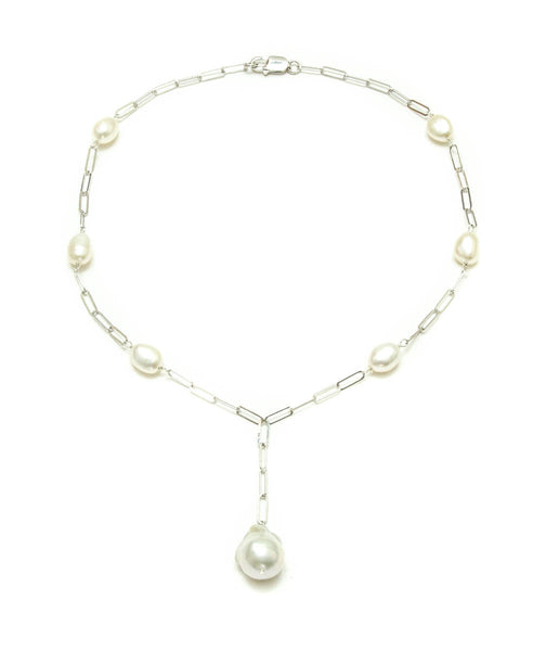 13mm & 9mm Baroque Pearl On Sterling Silver Paperclip Chain Necklace