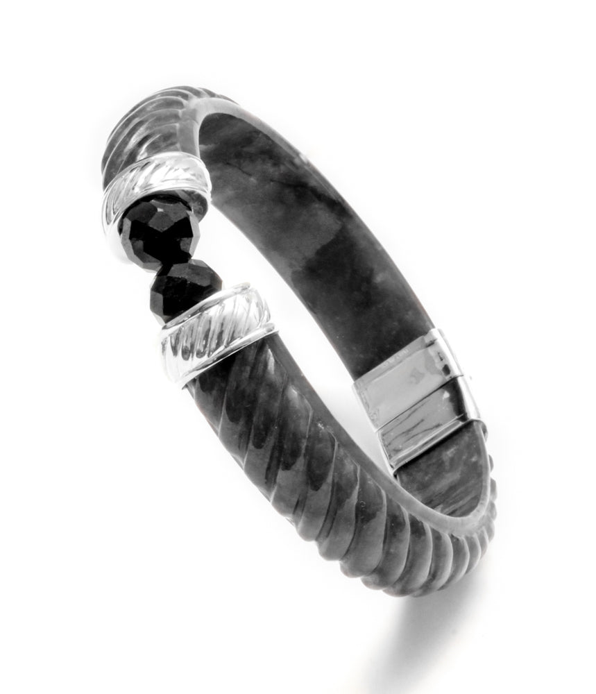 14mm twisted Charcoal Jade with Black Spinel beads hinge bangle
