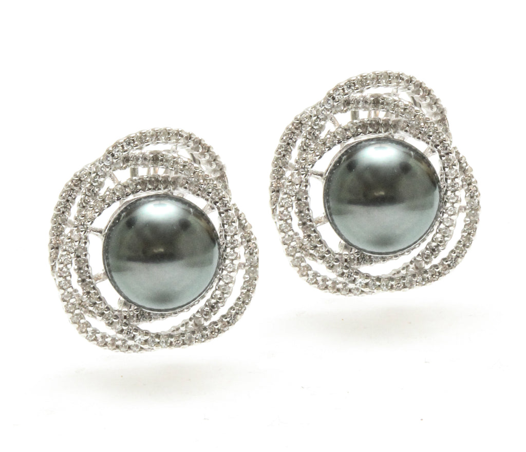 11MM Tahitian Pearl & White Zircon 'Rose' Earrings