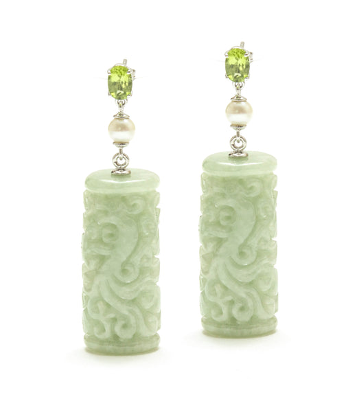 Carved Jade Earrings with Peridot and Pearl