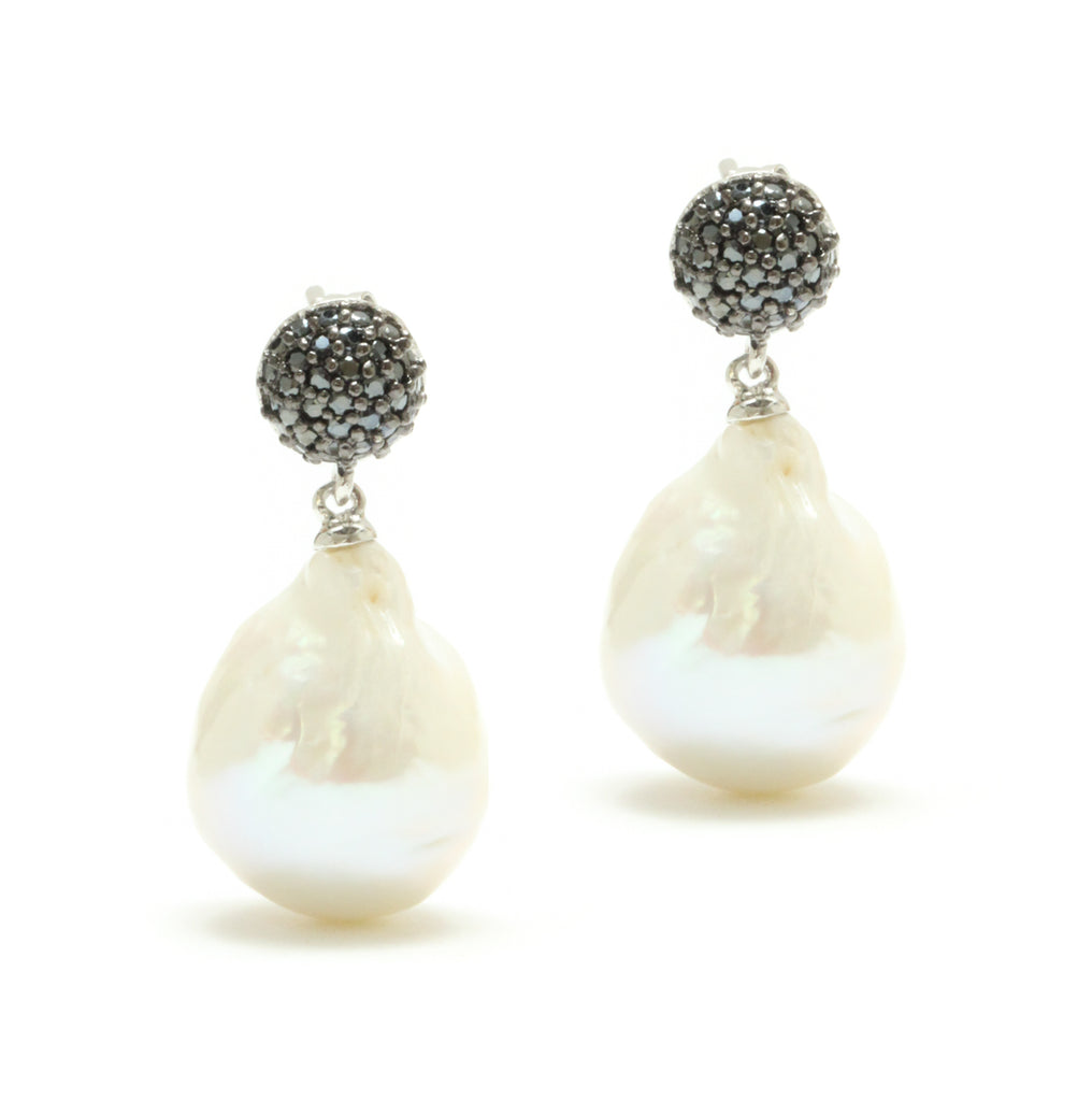 10-11MM Baroque Freshwater Pearl & Black Spinel Earrings