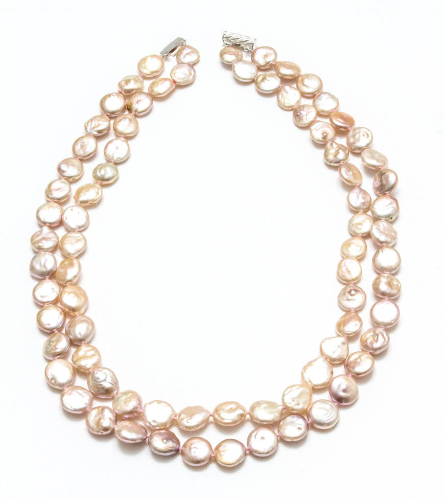 22" 13mm Natural Pink Coin Pearl Double Row Necklace