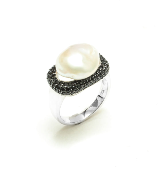 12-13MM Baroque Freshwater Pearl & Black Spinel Ring